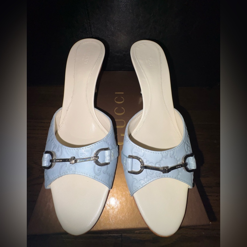 Gucci Light Blue Leather Horsebit Mules